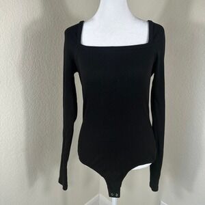 AGOLDE Hanley Bodysuit Women M Black Square Neck Ribbed Long Sleeve
